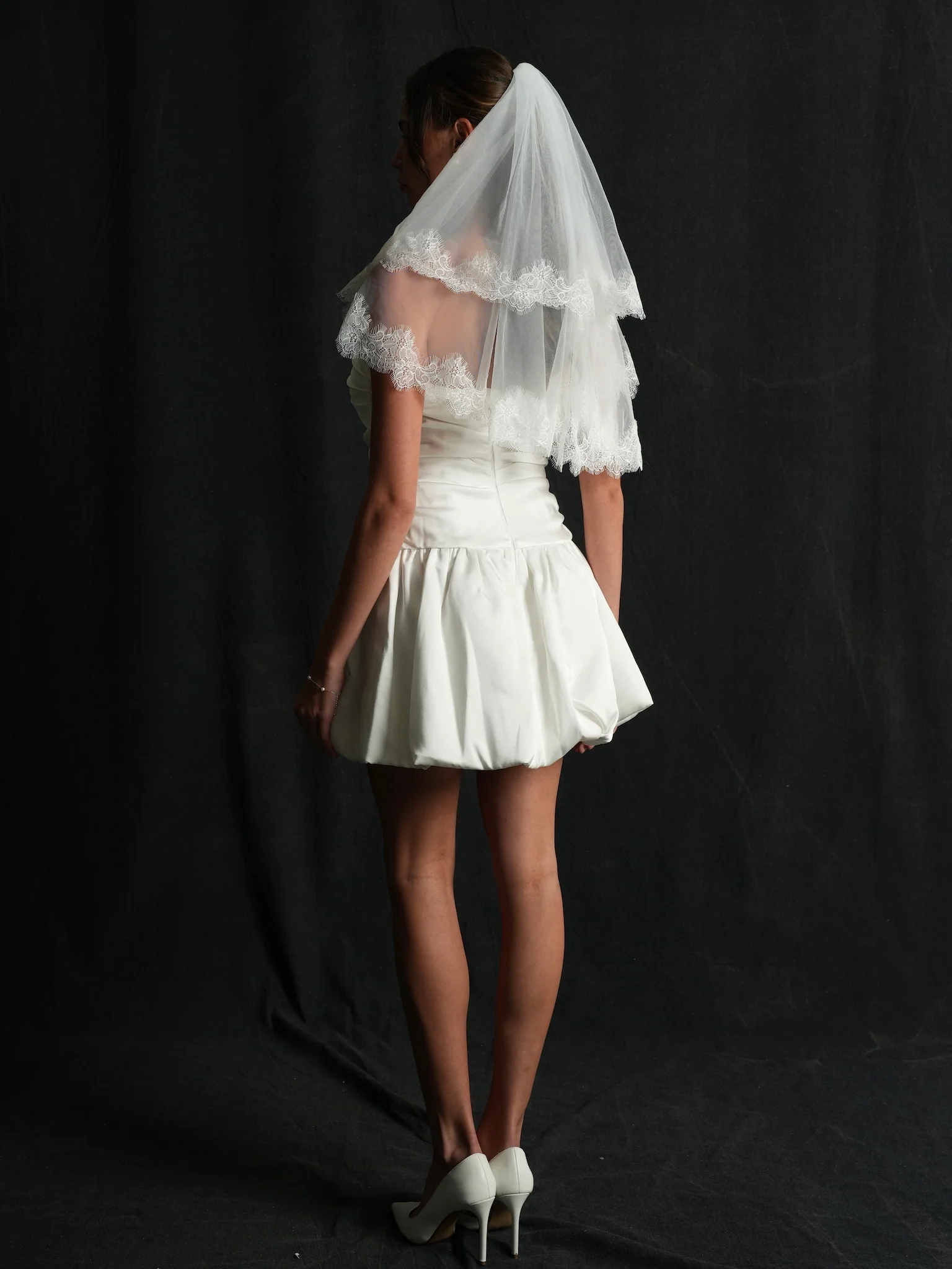 Mini Chantilly Lace Short Two Tier Bachelorette Veil - Image 5